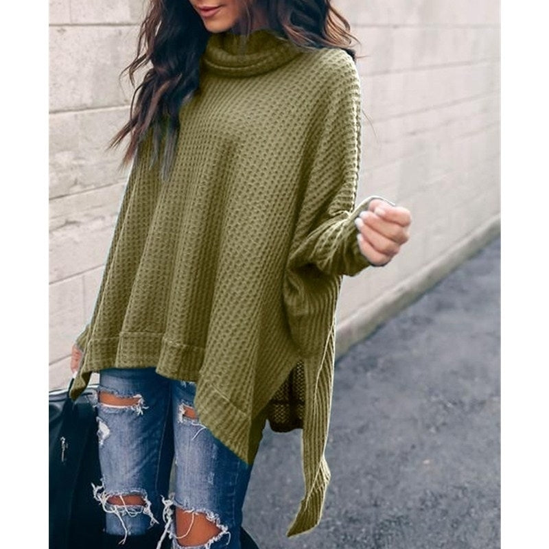 Women Turtleneck Batwing Sleeve High Low Hem Side Slit Waffle Knit Image 8