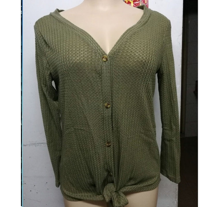 Womens Waffle Knit Tunic Blouse Tie Knot Henley Tops Image 7