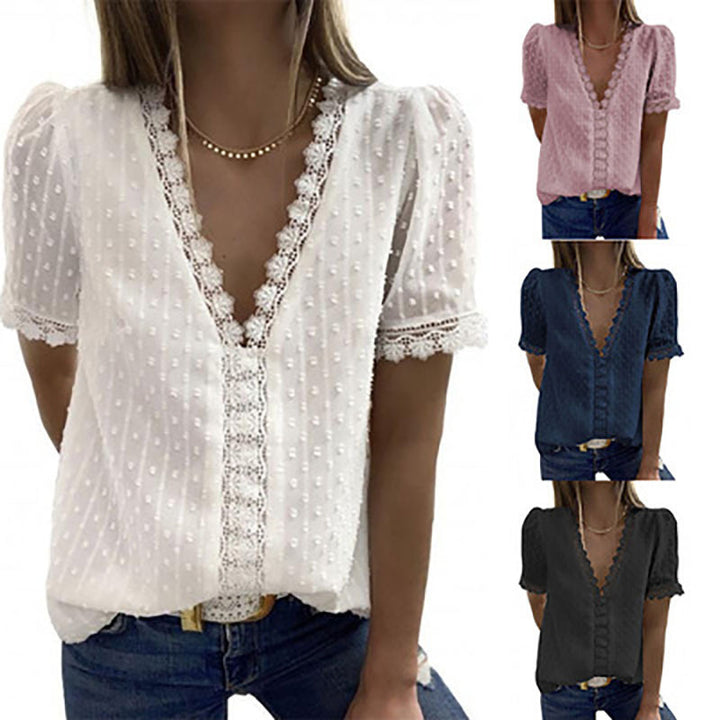 Womens Summer Lace Tops V Neck Short Sleeve Shirts Image 1