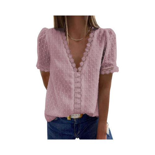 Womens Summer Lace Tops V Neck Short Sleeve Shirts Image 2