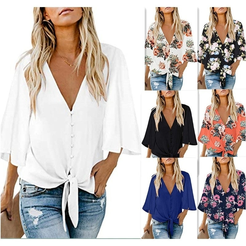 Womens Casual V Neck Tops 3/4 Sleeve Tie Knot Blouses Solid Button Down Shirts Image 1