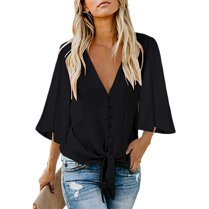 Womens Casual V Neck Tops 3/4 Sleeve Tie Knot Blouses Solid Button Down Shirts Image 1