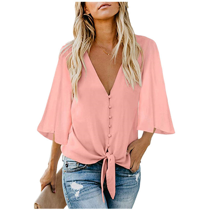 Womens Casual V Neck Tops 3/4 Sleeve Tie Knot Blouses Solid Button Down Shirts Image 4