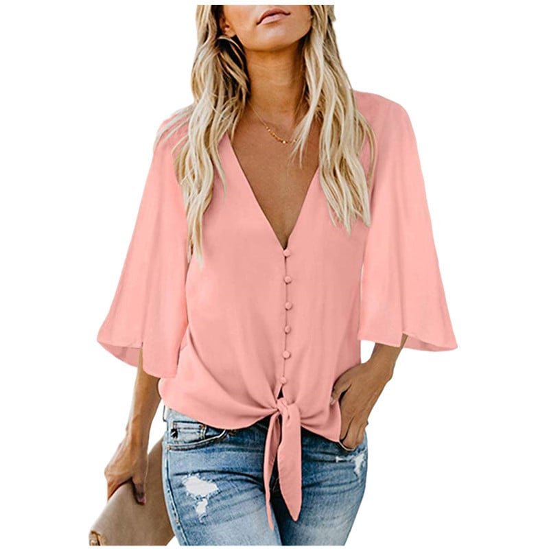 Womens Casual V Neck Tops 3/4 Sleeve Tie Knot Blouses Solid Button Down Shirts Image 1