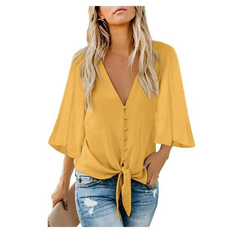 Womens Casual V Neck Tops 3/4 Sleeve Tie Knot Blouses Solid Button Down Shirts Image 4