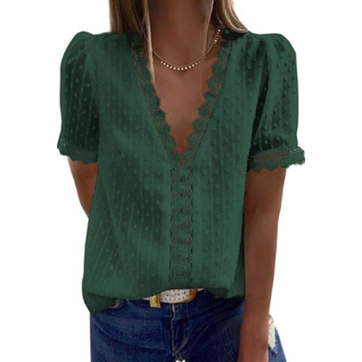 Womens Summer Lace Tops V Neck Short Sleeve Shirts Image 3