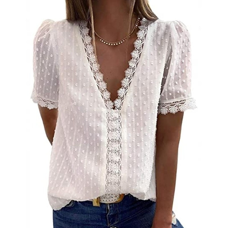 Womens Summer Lace Tops V Neck Short Sleeve Shirts Image 4