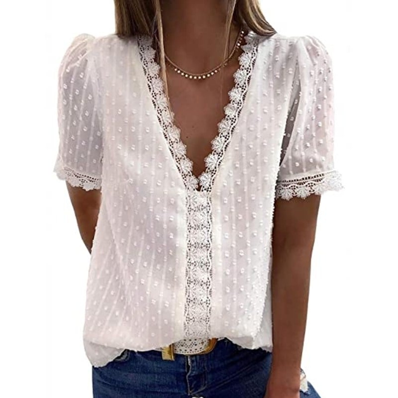 Womens Summer Lace Tops V Neck Short Sleeve Shirts Image 1