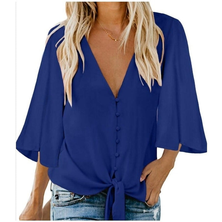 Womens Casual V Neck Tops 3/4 Sleeve Tie Knot Blouses Solid Button Down Shirts Image 6