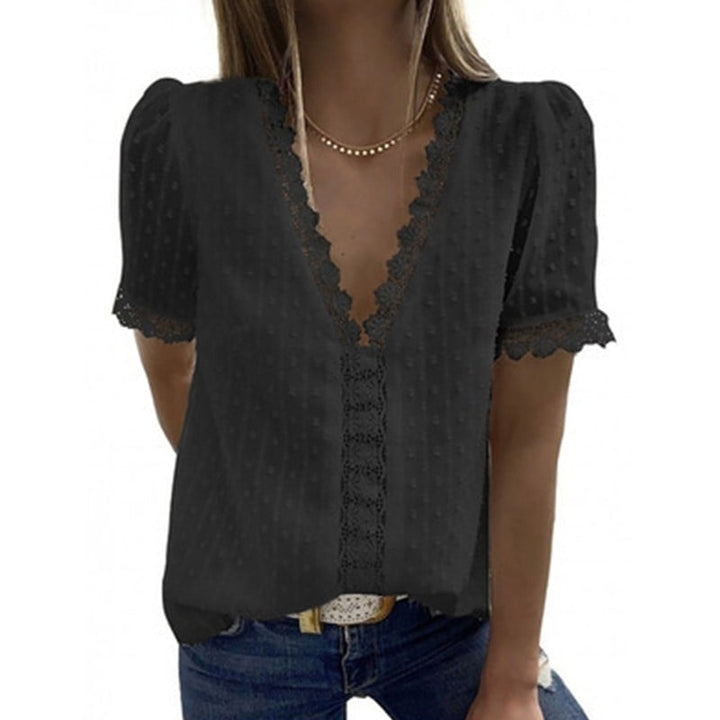 Womens Summer Lace Tops V Neck Short Sleeve Shirts Image 1