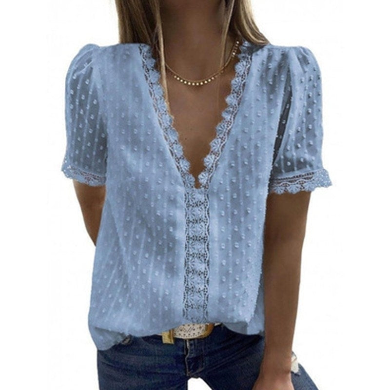 Womens Summer Lace Tops V Neck Short Sleeve Shirts Image 7