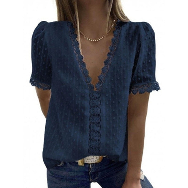 Womens Summer Lace Tops V Neck Short Sleeve Shirts Image 8