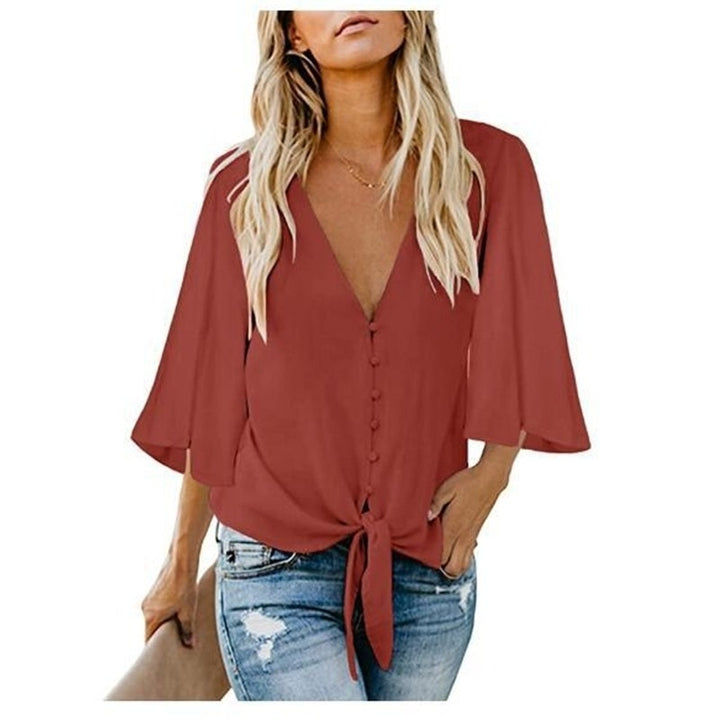 Womens Casual V Neck Tops 3/4 Sleeve Tie Knot Blouses Solid Button Down Shirts Image 7