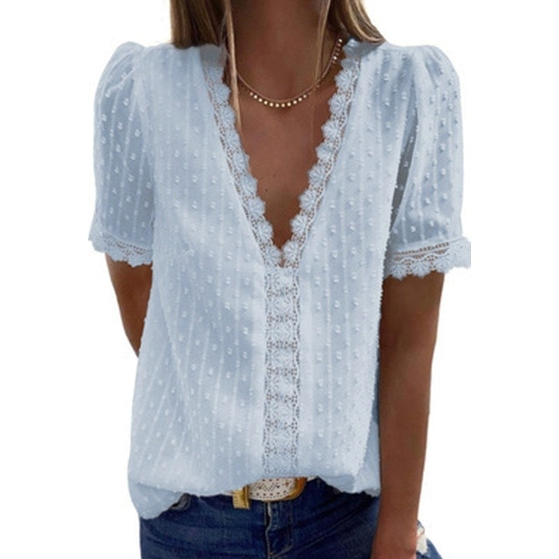 Womens Summer Lace Tops V Neck Short Sleeve Shirts Image 9