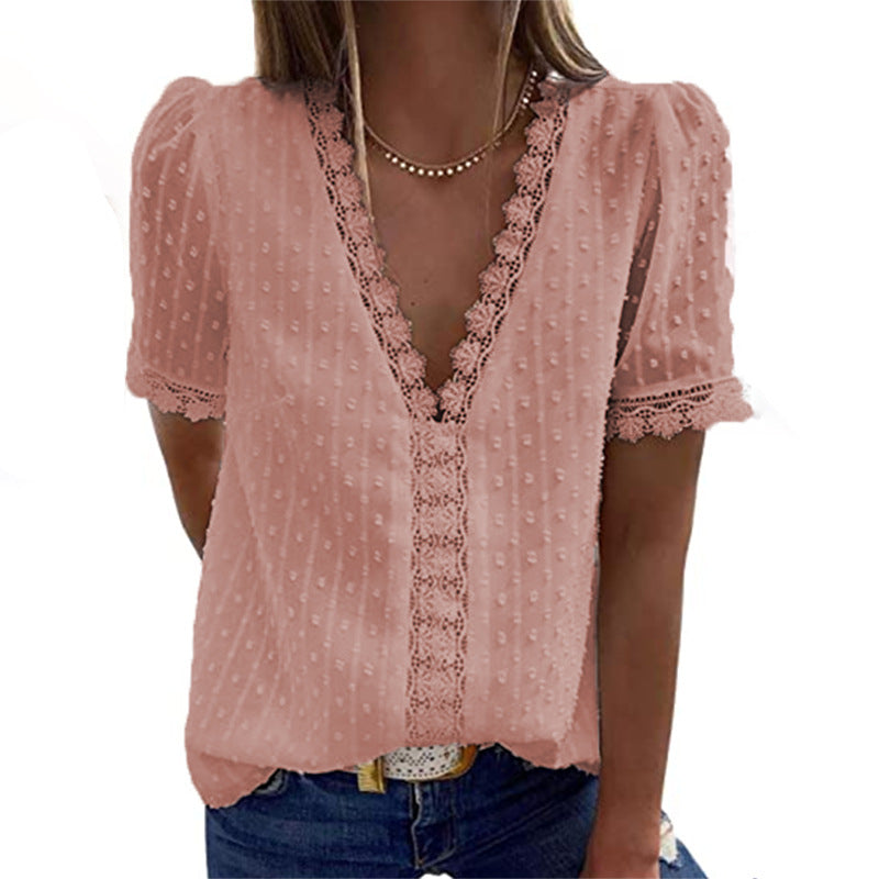 Womens Summer Lace Tops V Neck Short Sleeve Shirts Image 10