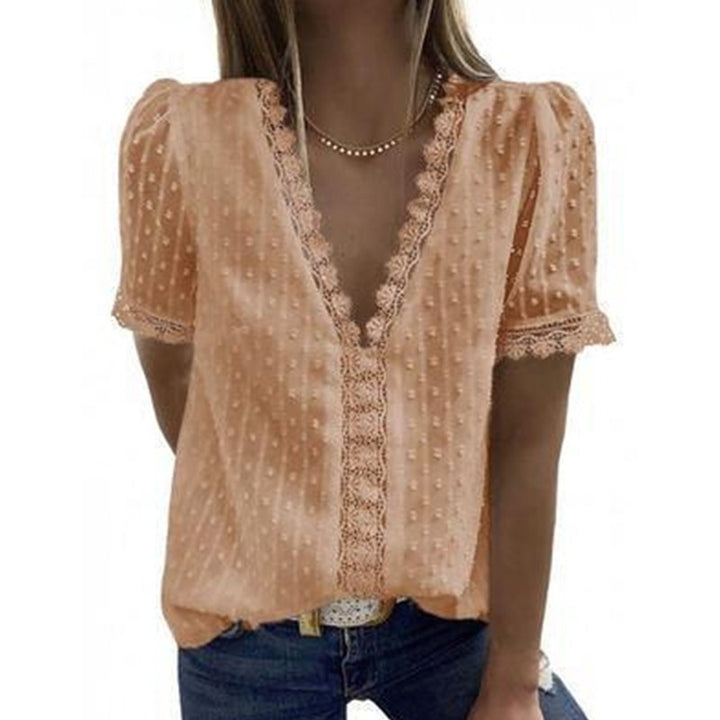 Womens Summer Lace Tops V Neck Short Sleeve Shirts Image 11