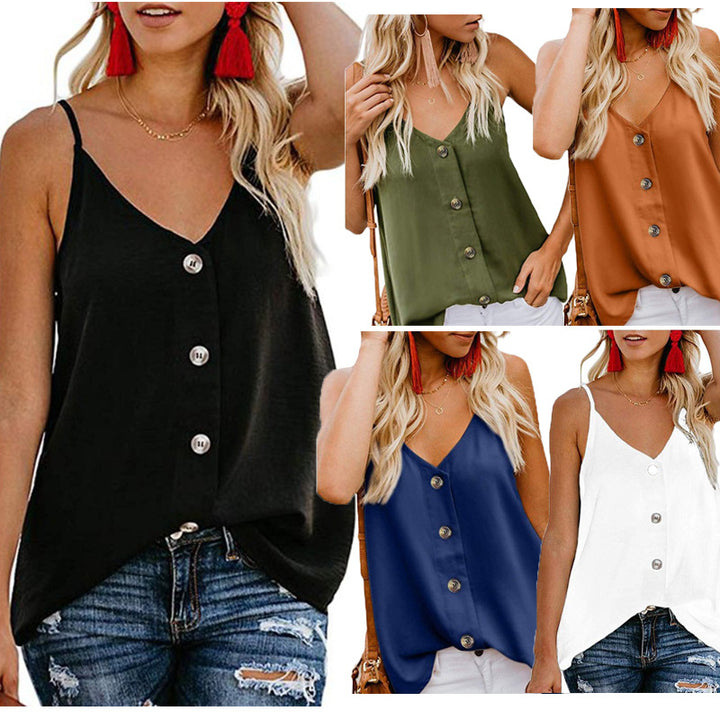 Womens Button Down V Neck Strappy Tank Tops Loose Casual Sleeveless Shirts Blouses Image 1