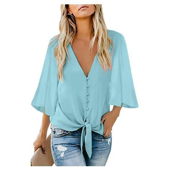 Womens Casual V Neck Tops 3/4 Sleeve Tie Knot Blouses Solid Button Down Shirts Image 8