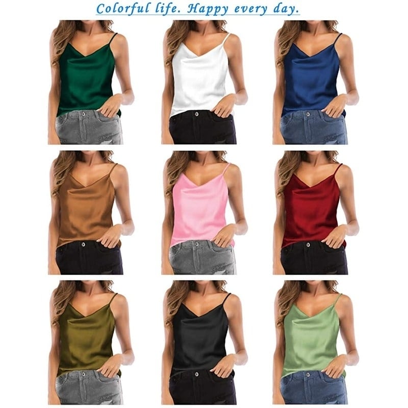 Womens Cowl Neck Camis Satin Tank Top Camisoles Blouses Image 1