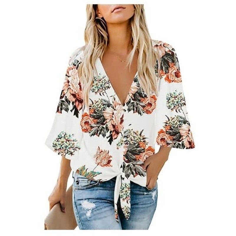 Womens Casual V Neck Tops 3/4 Sleeve Tie Knot Blouses Solid Button Down Shirts Image 9