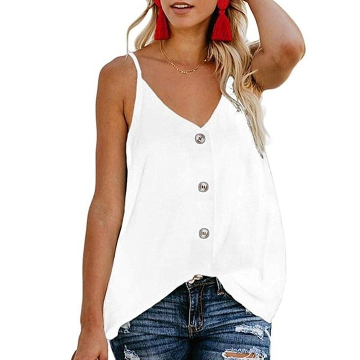 Womens Button Down V Neck Strappy Tank Tops Loose Casual Sleeveless Shirts Blouses Image 1