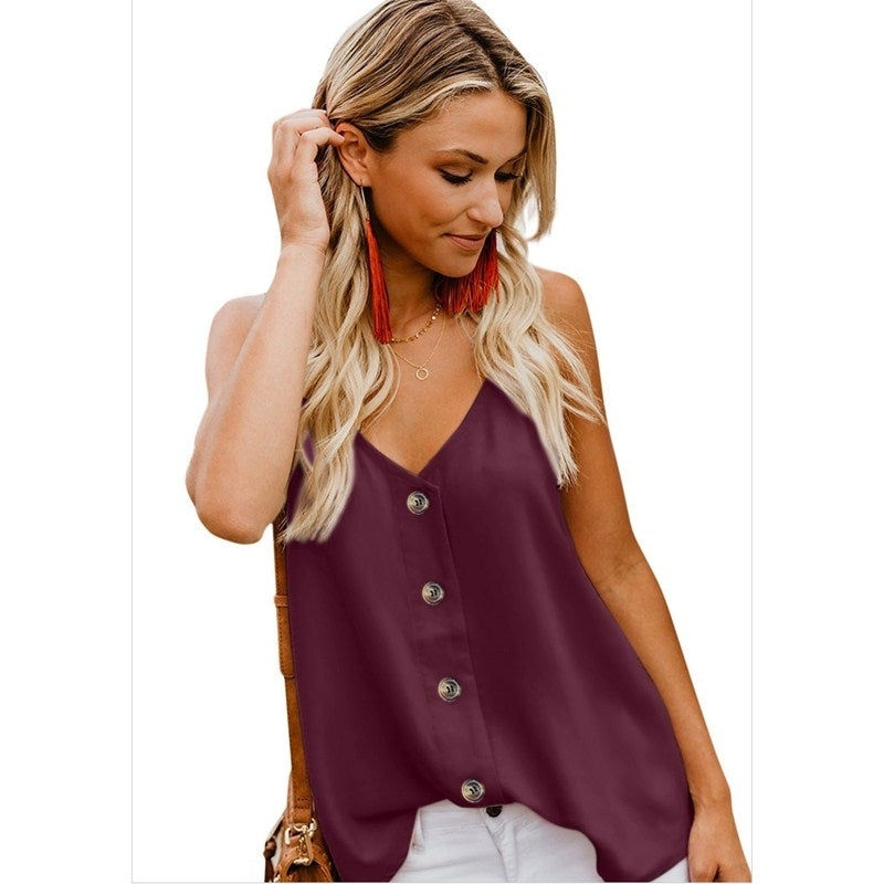 Womens Button Down V Neck Strappy Tank Tops Loose Casual Sleeveless Shirts Blouses Image 8