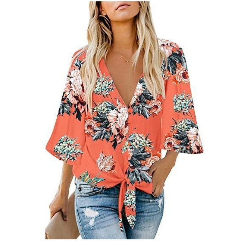 Womens Casual V Neck Tops 3/4 Sleeve Tie Knot Blouses Solid Button Down Shirts Image 10