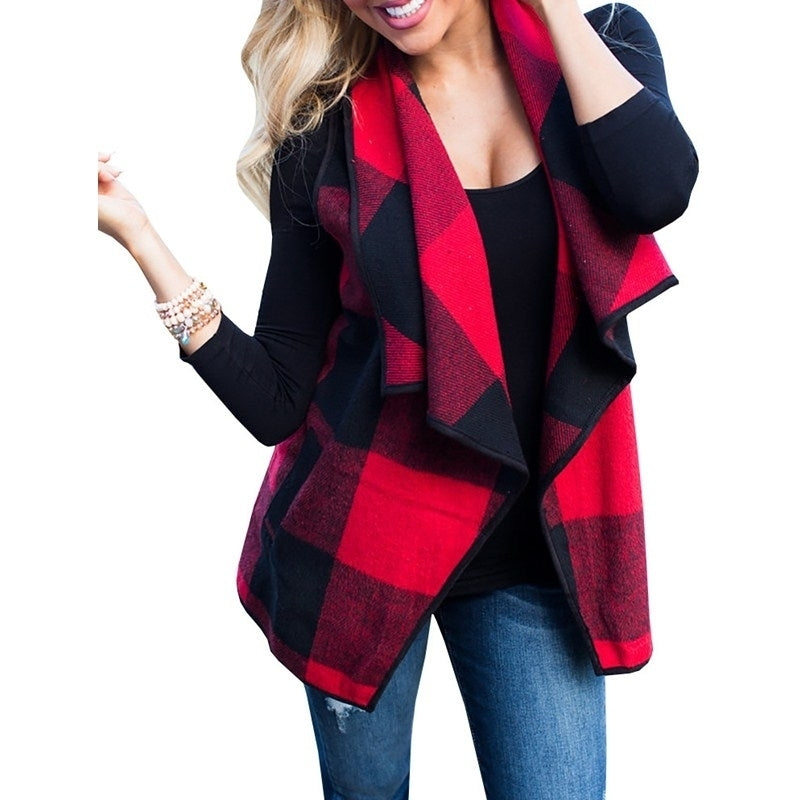 Women Open Front Buffalo Plaid Sleeveless Cardigan Jacket Coat with Pockets Image 1