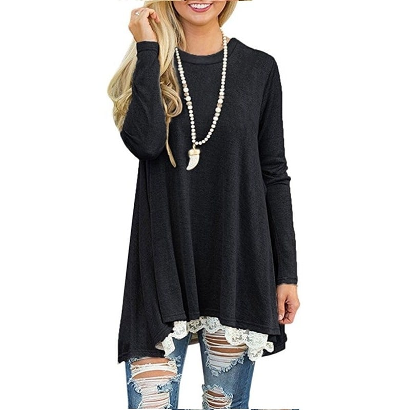 Womens Tops Long Sleeve Lace Scoop Neck A-line Tunic Blouse Image 4