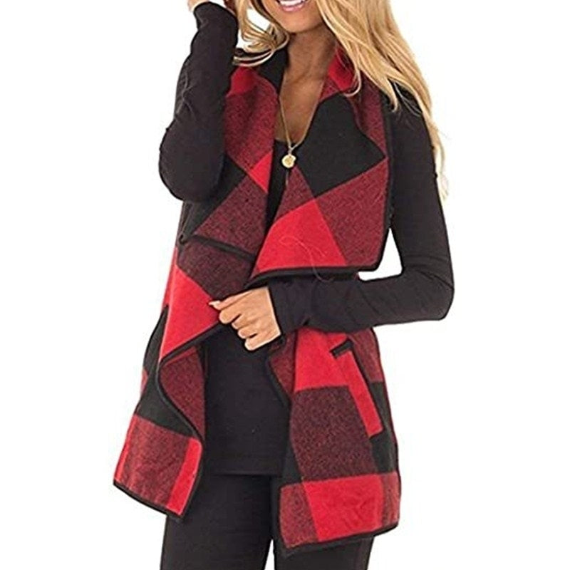 Women Open Front Buffalo Plaid Sleeveless Cardigan Jacket Coat with Pockets Image 2