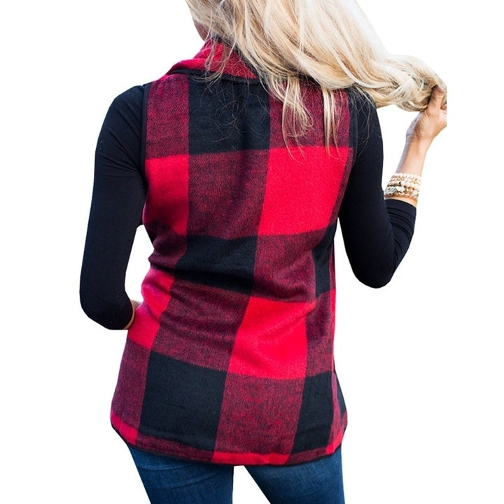 Women Open Front Buffalo Plaid Sleeveless Cardigan Jacket Coat with Pockets Image 3