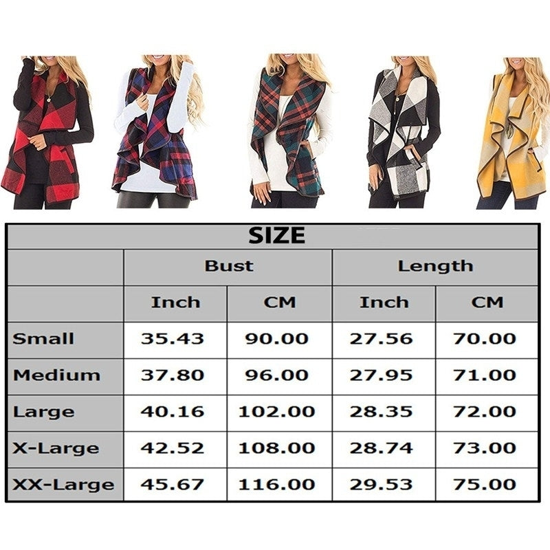 Women Open Front Buffalo Plaid Sleeveless Cardigan Jacket Coat with Pockets Image 4