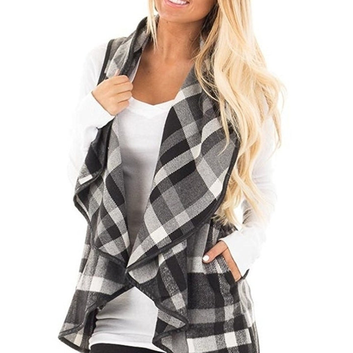 Women Open Front Buffalo Plaid Sleeveless Cardigan Jacket Coat with Pockets Image 6