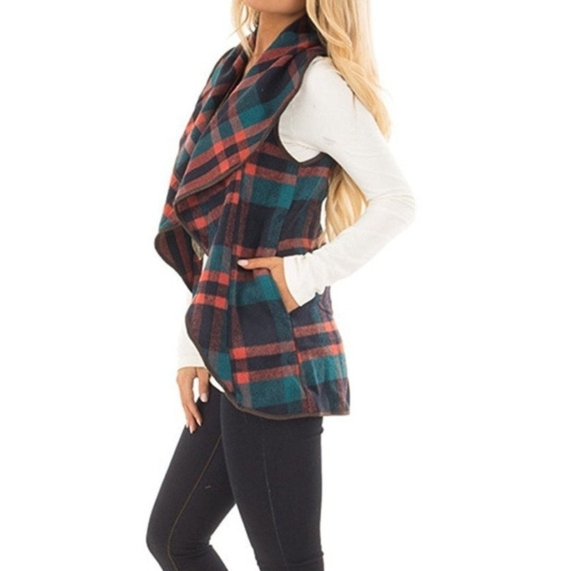 Women Open Front Buffalo Plaid Sleeveless Cardigan Jacket Coat with Pockets Image 7