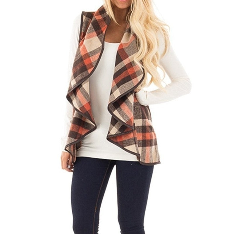 Women Open Front Buffalo Plaid Sleeveless Cardigan Jacket Coat with Pockets Image 8