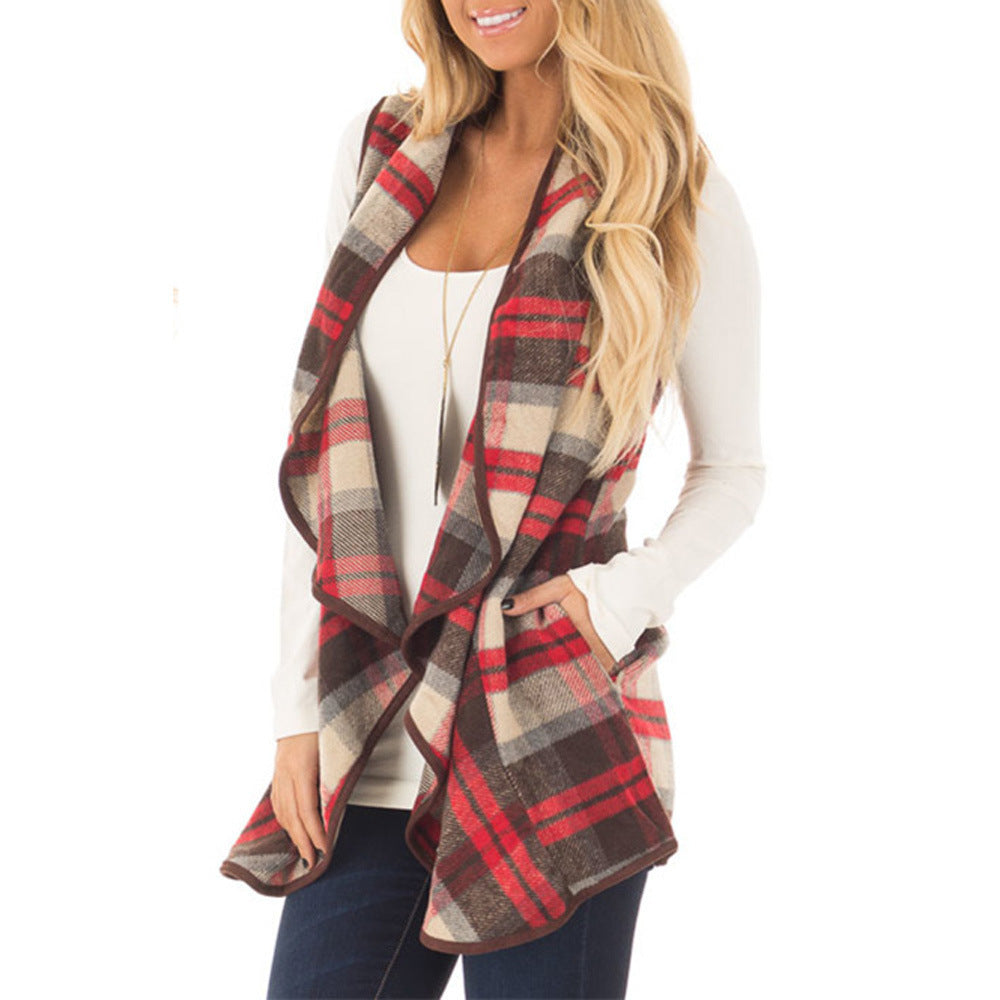 Women Open Front Buffalo Plaid Sleeveless Cardigan Jacket Coat with Pockets Image 9