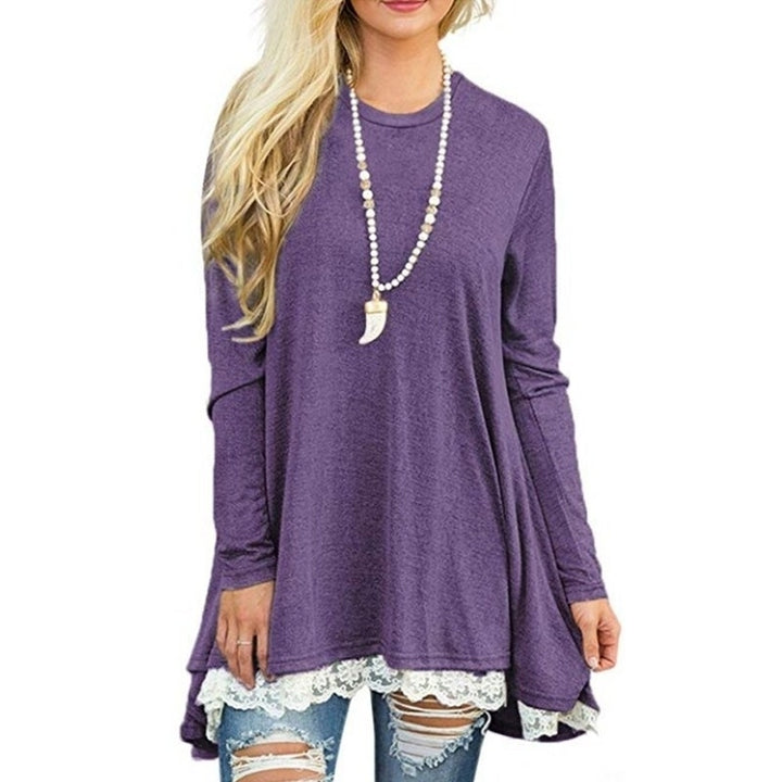 Womens Tops Long Sleeve Lace Scoop Neck A-line Tunic Blouse Image 9