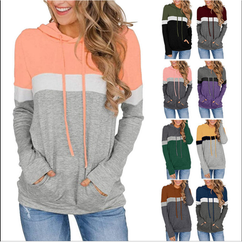 Womens Casual Color Block Hoodies Long Sleeve Drawstring Pullover with Pocket Image 1