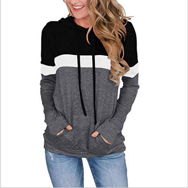 Womens Casual Color Block Hoodies Long Sleeve Drawstring Pullover with Pocket Image 2