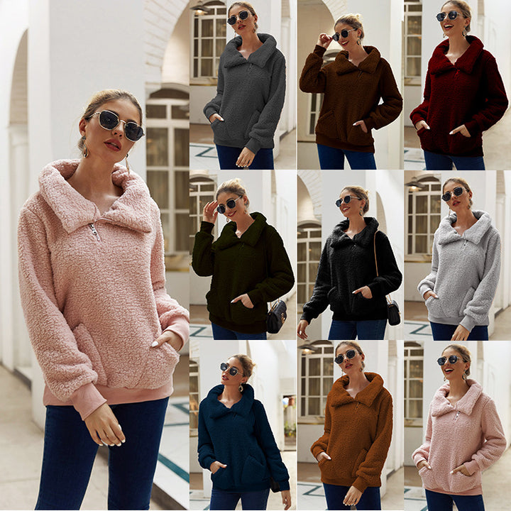 Womens Winter Lapel Fuzzy Fleece Sweatshirt Faux Shearling Outwear Image 1