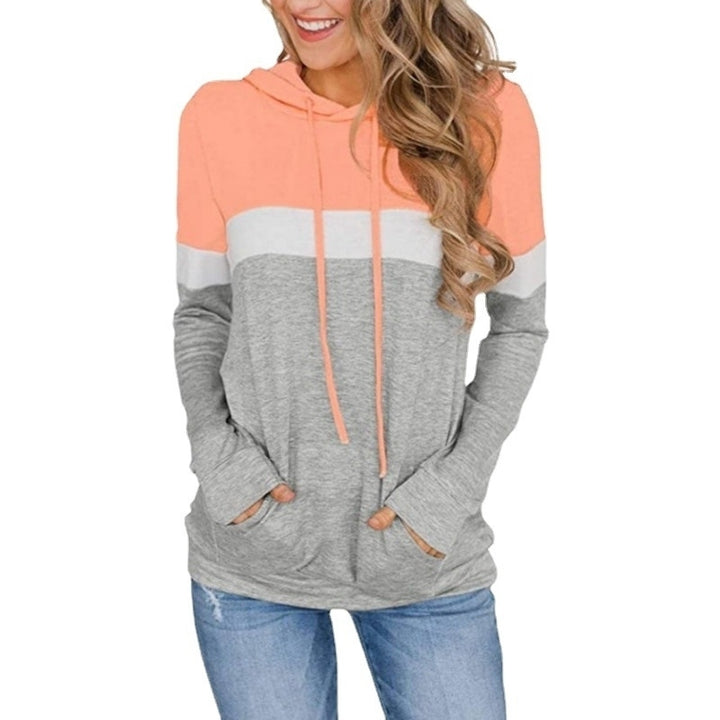 Womens Casual Color Block Hoodies Long Sleeve Drawstring Pullover with Pocket Image 3