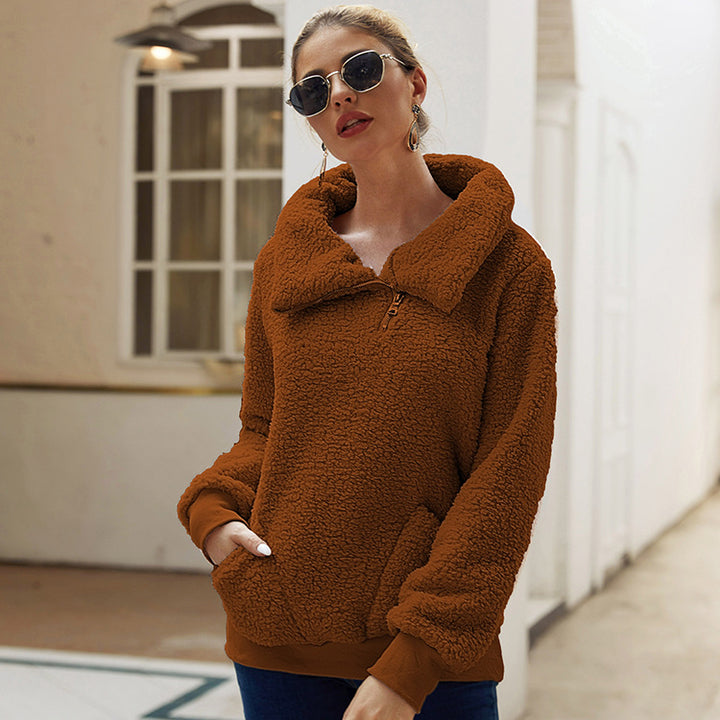 Womens Winter Lapel Fuzzy Fleece Sweatshirt Faux Shearling Outwear Image 4