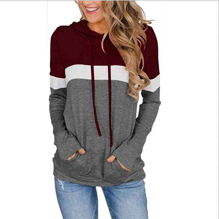 Womens Casual Color Block Hoodies Long Sleeve Drawstring Pullover with Pocket Image 1