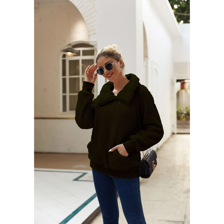 Womens Winter Lapel Fuzzy Fleece Sweatshirt Faux Shearling Outwear Image 8