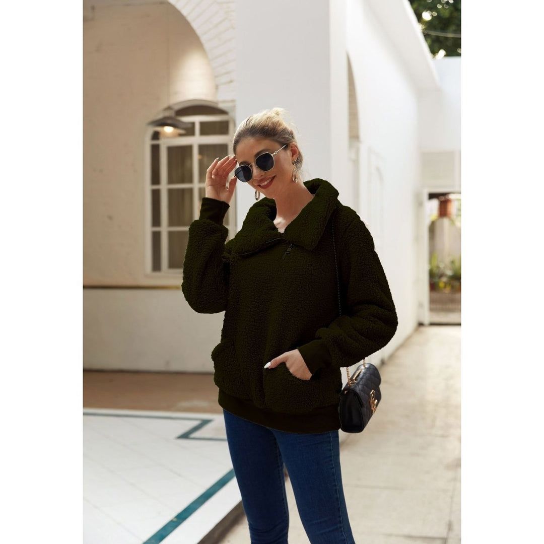 Womens Winter Lapel Fuzzy Fleece Sweatshirt Faux Shearling Outwear Image 1