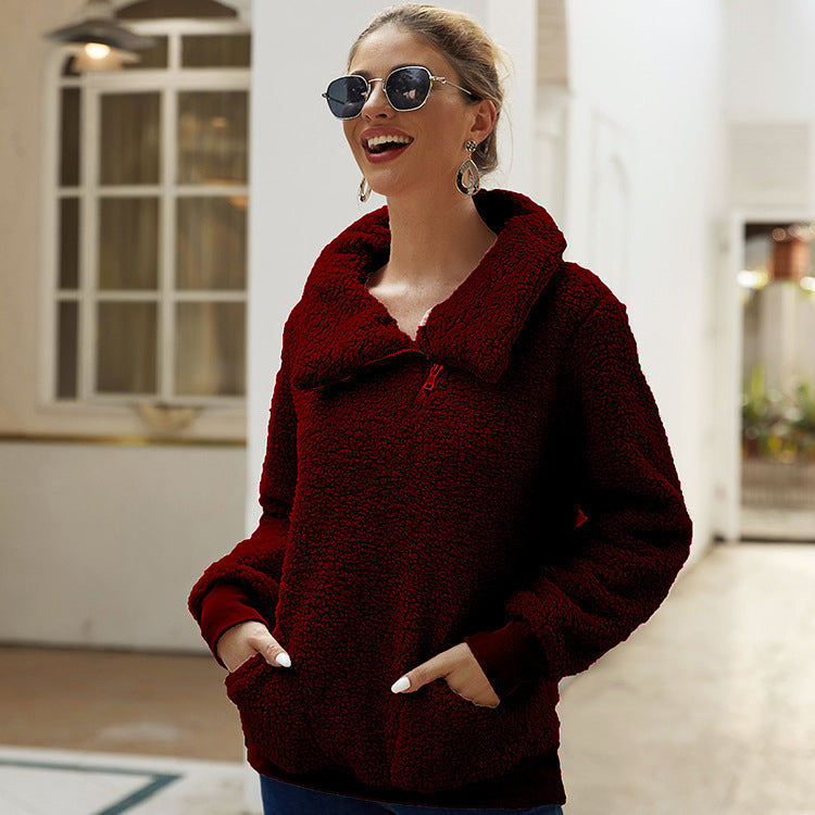 Womens Winter Lapel Fuzzy Fleece Sweatshirt Faux Shearling Outwear Image 9