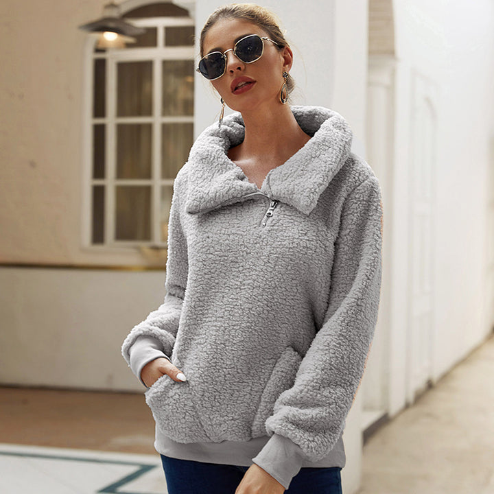 Womens Winter Lapel Fuzzy Fleece Sweatshirt Faux Shearling Outwear Image 10