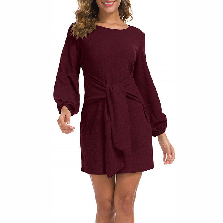 Womens Elegant Long Lantern Sleeve Short Dress Crewneck Tie Waist Knit Cocktail Dress Image 2