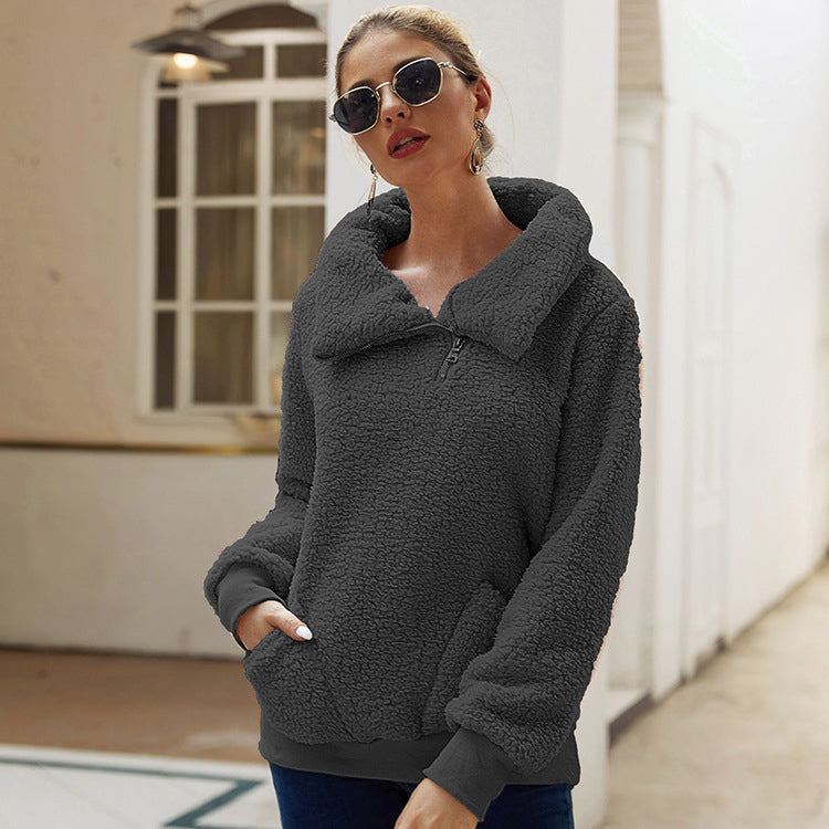 Womens Winter Lapel Fuzzy Fleece Sweatshirt Faux Shearling Outwear Image 11