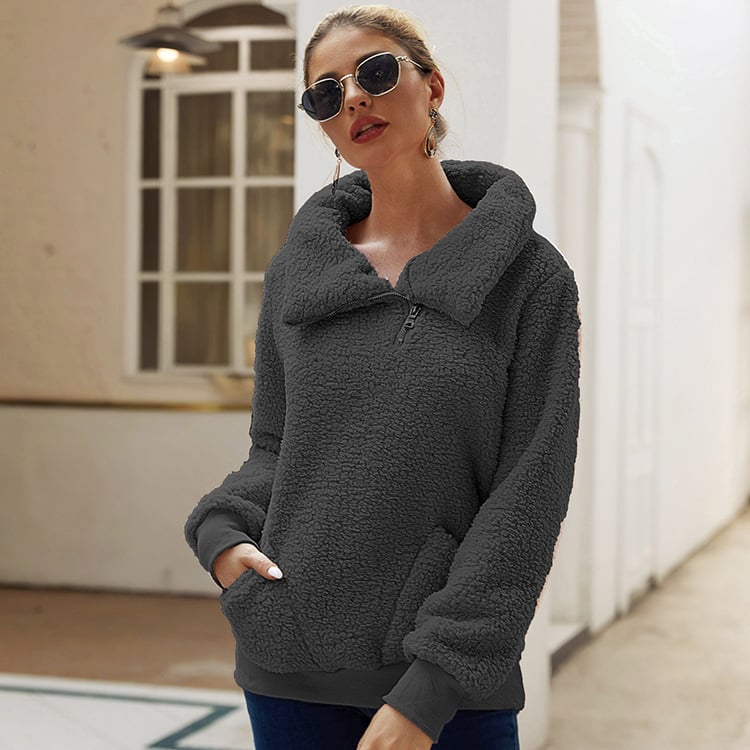 Womens Winter Lapel Fuzzy Fleece Sweatshirt Faux Shearling Outwear Image 1